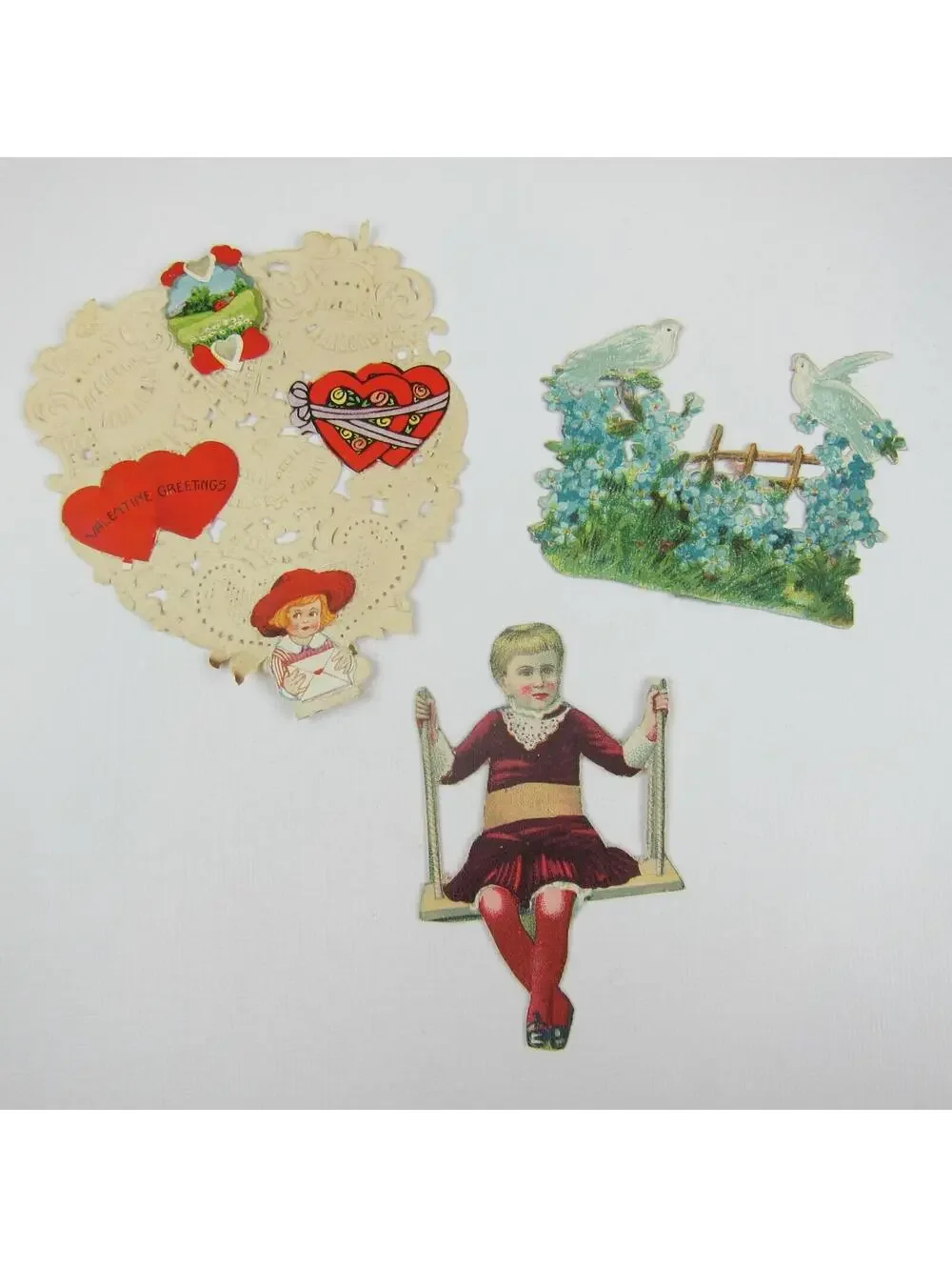 3 Vintage Valentine Ephemera Boy Swing Fence Doves Blue Flowers Paper Lace Heart
